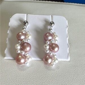 Genuine Freshwater Pearl Cluster Drop Earrings – Blush Pink & White